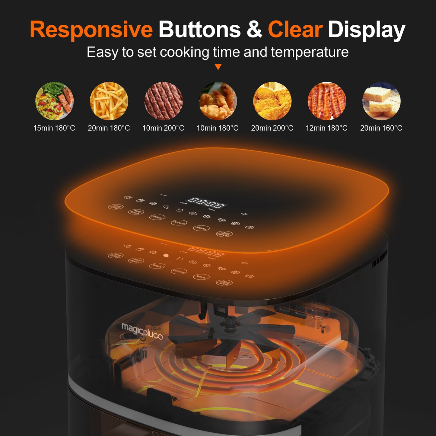 magicplux Hot Air Fryer 5,5L XXL, 1500W Airfryer with 13 Pre-programmed, with Digital LED Touch Screen, X CYCLONE AIR-Even Heat Technology, with 21 Recipe, Dishwasher Safe, Black