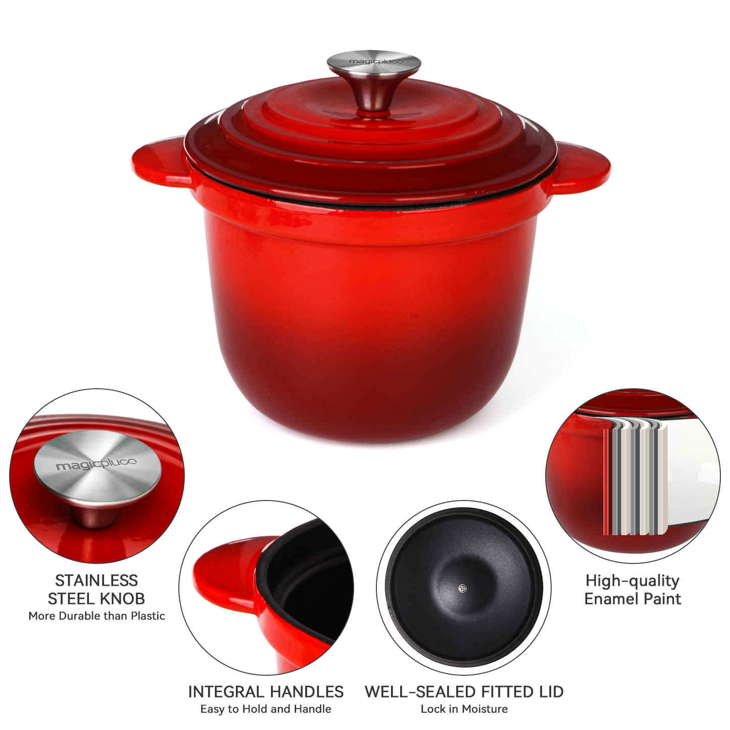 magicplux Dutch Oven Pot with Lid, Enameled Cast Iron Dutch Oven 2 Quart, Cast Iron Pot for Cooking, Red…