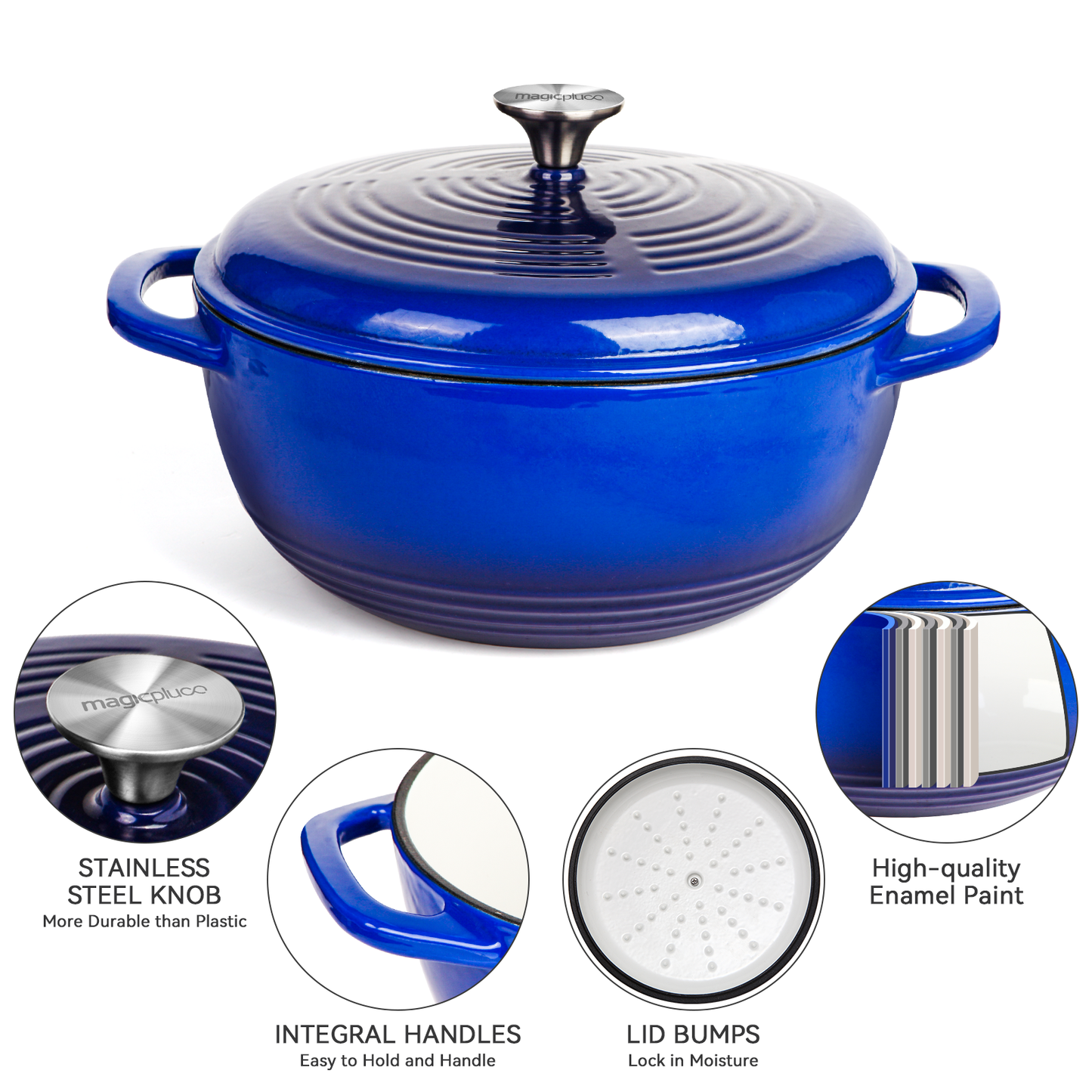 magicplux 3.5 Quart Dutch Oven, Enameled Cast Iron Dutch Oven Pot with Lid,  Dual Handles, Blue